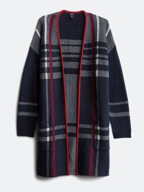 Madison Lilly | Open Cardigan Navy Red White Plaid | Longline Sweater | 1X